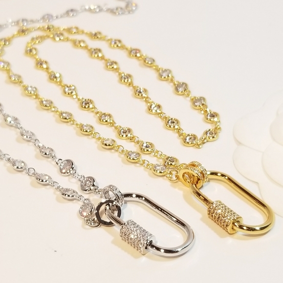 CZ Oval Carabiner Lock Pendant Charm Necklace NEW - Picture 4 of 11